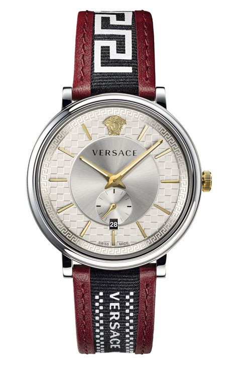 versace mens v-circle greca red leather strap watch|Versace men's watch.